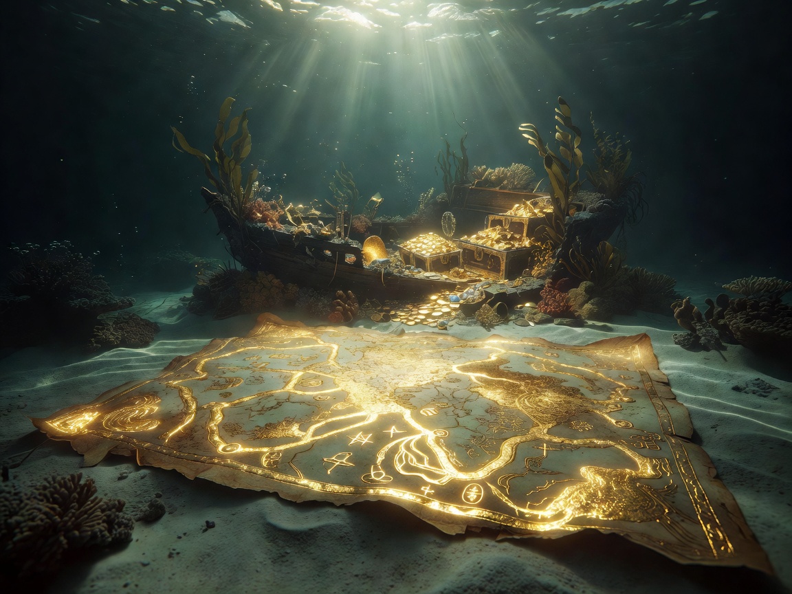 A glowing golden treasure map leading to underwater riches