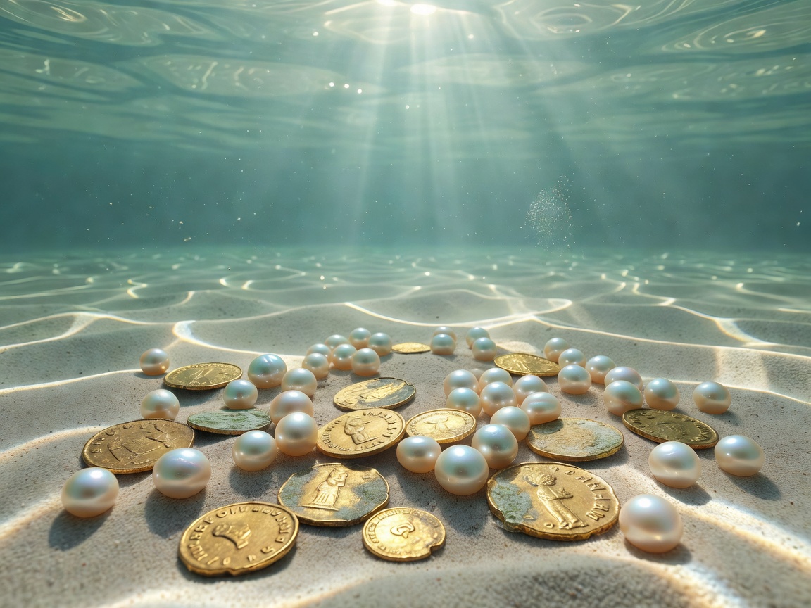 Ancient gold coins and pearls scattered on the sandy ocean floor