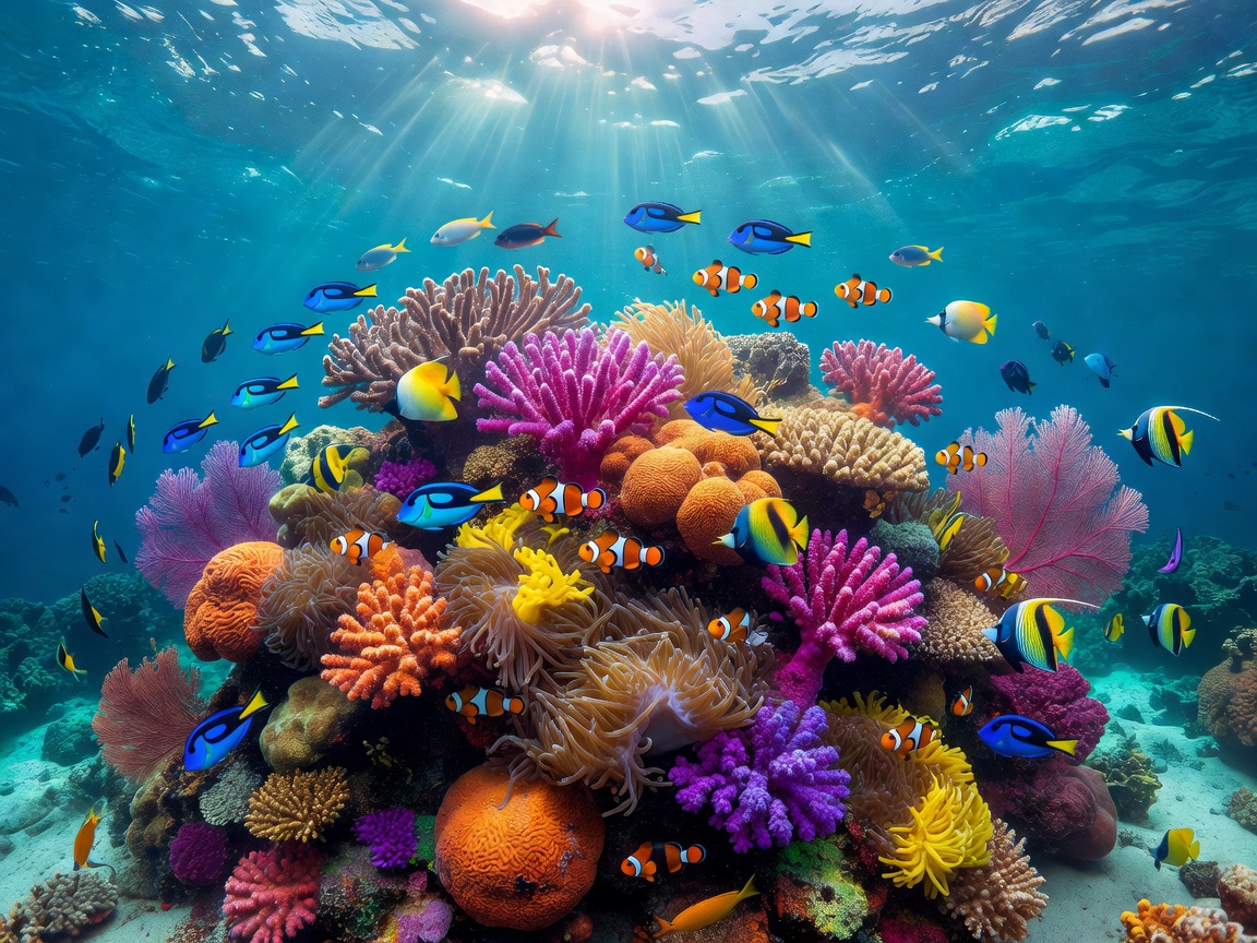 Beautiful deep ocean coral reef with colorful tropical fish swimming freely