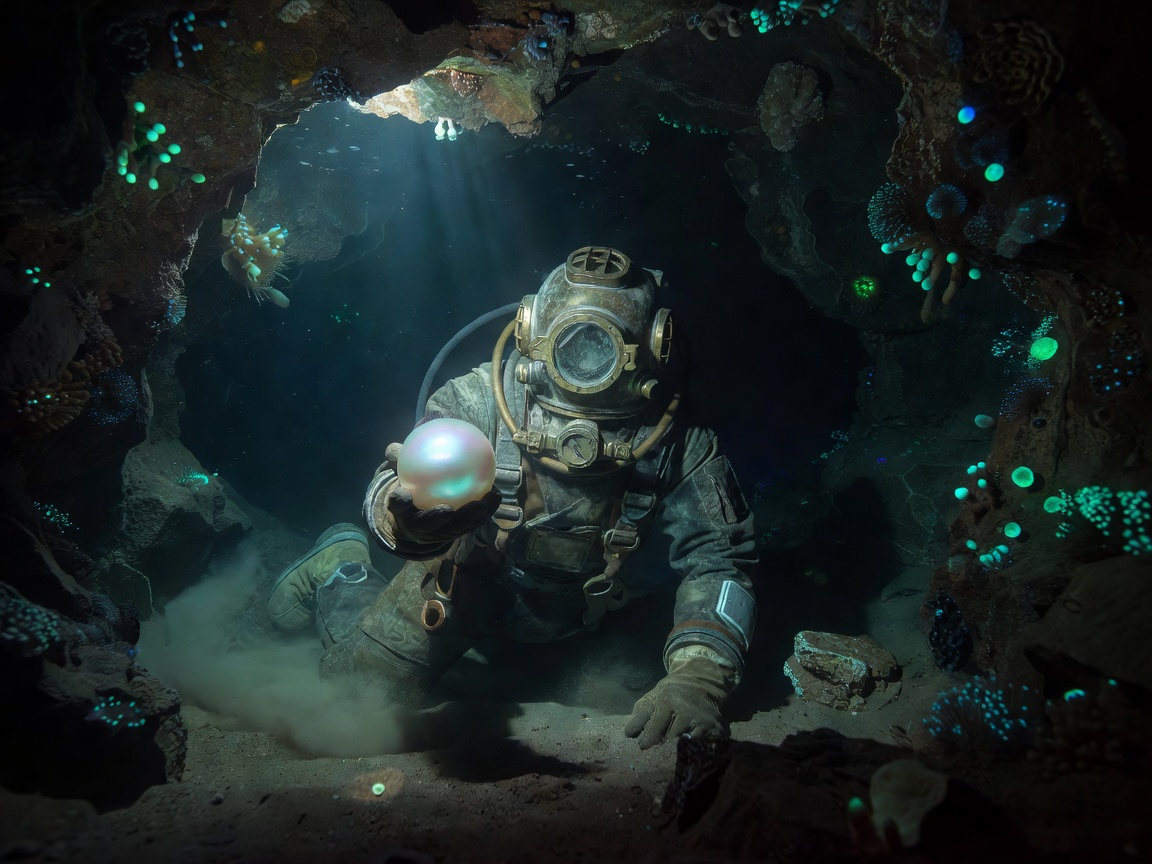 Deep sea diver exploring a dark cavern lit by a bioluminescent pearl