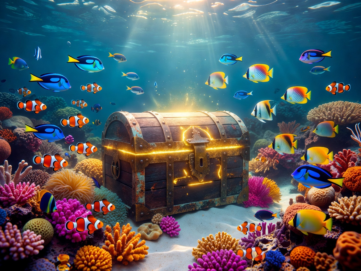 Glowing underwater treasure chest on a vibrant coral reef surrounded by tropical fish