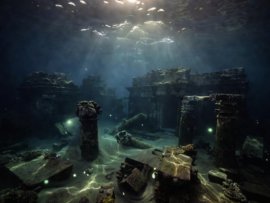 Mysterious sunken underwater ruins illuminated by surface light