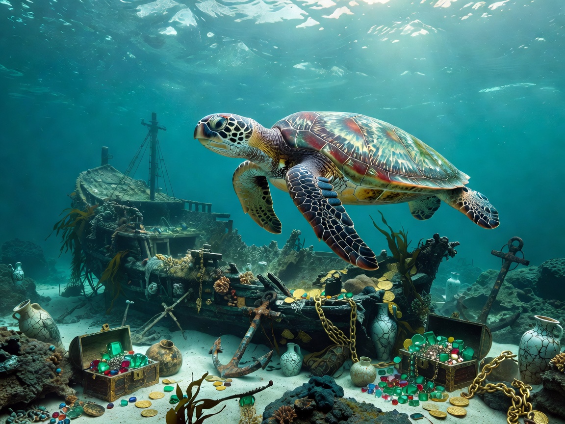 Sea turtle swimming gracefully over an ancient underwater treasure site